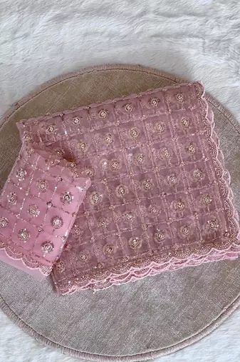 pink net saree with embroidery sequins beads moti work