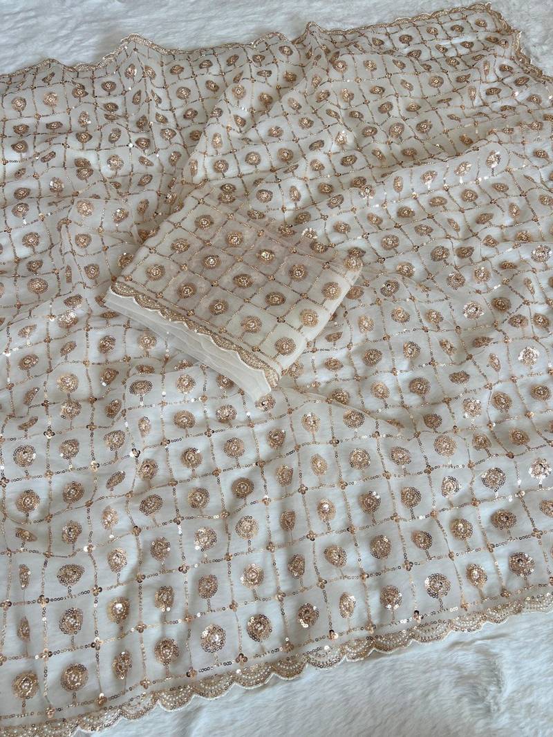 White Color embroidery & Sequance Work  Net Saree