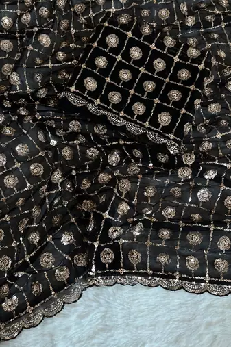 black net saree with embroidery sequins beads moti work
