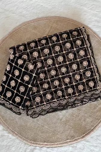 black net saree with embroidery sequins beads moti work