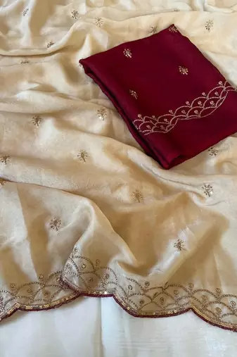 Off-White Color Embroidery Work  Silk Saree