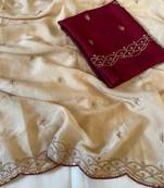 Off-White Color Embroidery Work  Silk Saree