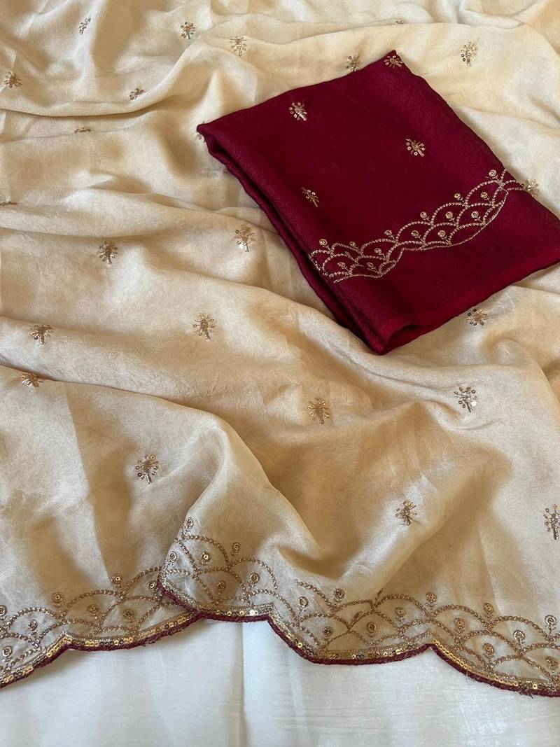 Off-White Color Embroidery Work  Silk Saree