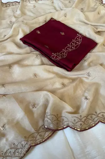 off white silk blend saree with embroidery thread work