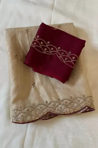 off white silk blend saree with embroidery thread work