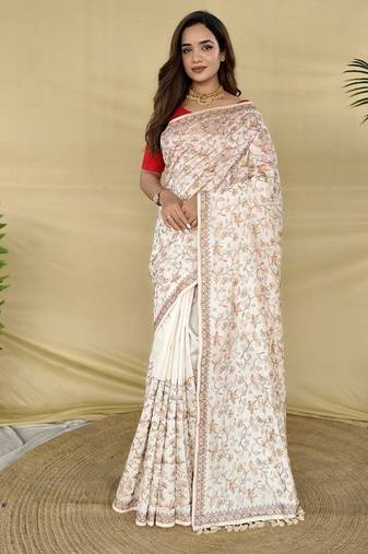 White Color Embroidery And Zarii Weaving Silk Saree