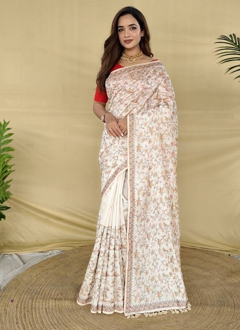 White Color Embroidery And Zarii Weaving Silk Saree