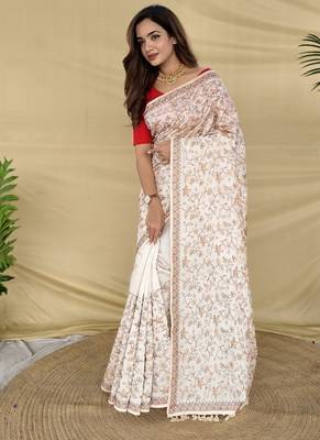 White Color Embroidery And Zarii Weaving art silk saree 2