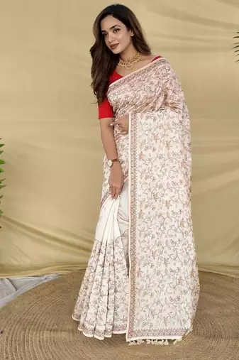 White Color Embroidery And Zarii Weaving art silk saree
