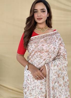 White Color Embroidery And Zarii Weaving art silk saree 3