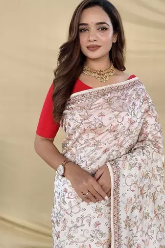 White Color Embroidery And Zarii Weaving art silk saree