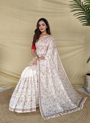 White Color Embroidery And Zarii Weaving art silk saree 4