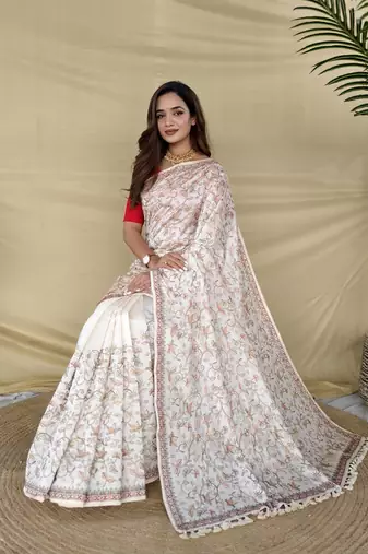 White Color Embroidery And Zarii Weaving art silk saree