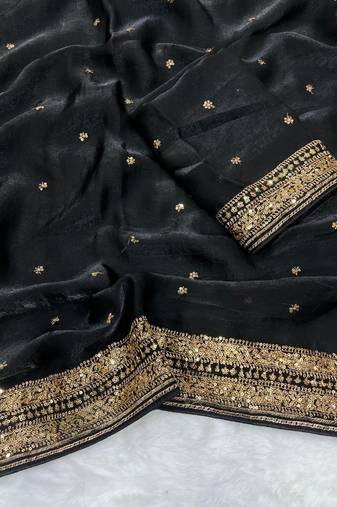 Black Color Embroidery cording & Sequance work Space Silk Saree