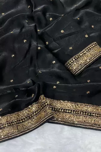 Black Color Embroidery cording & Sequance work Space Silk Saree