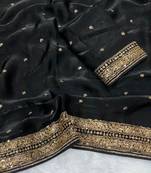 Black Color Embroidery cording & Sequance work Space Silk Saree