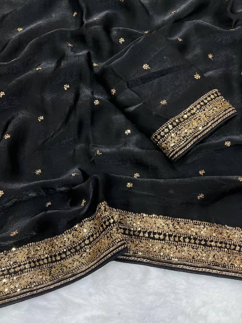 Black Color Embroidery cording & Sequance work Space Silk Saree
