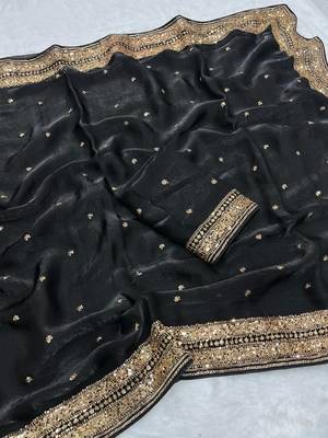 black silk blend saree with sequins cording work design
 2