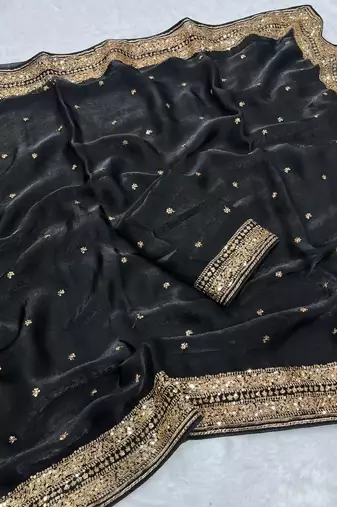 black silk blend saree with sequins cording work design