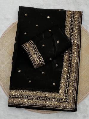 black silk blend saree with sequins cording work design
 3