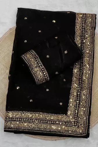 black silk blend saree with sequins cording work design