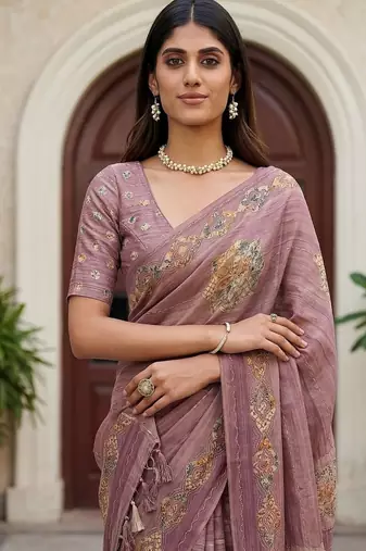 onion pink silk blend saree with dori embroidery work