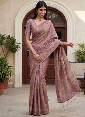 onion pink silk blend saree with dori embroidery work 3