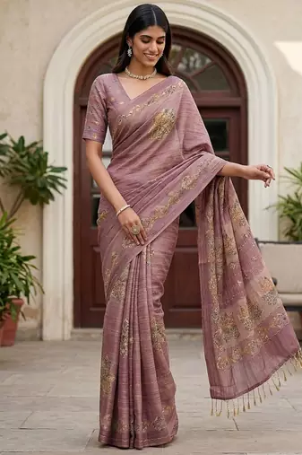 onion pink silk blend saree with dori embroidery work