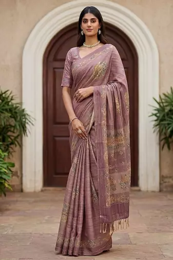Onion Pink Color Dori Work With Printed Work Silk Blend Saree