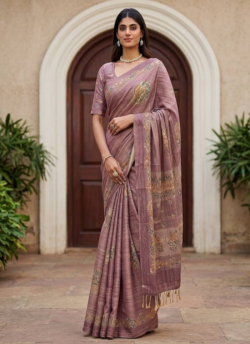 Onion Pink Color Dori Work With Printed Work Silk Blend Saree