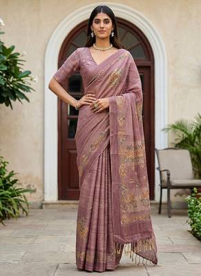 onion pink silk blend saree with dori embroidery work 4