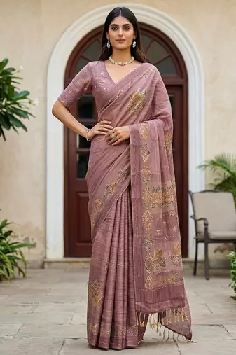 onion pink silk blend saree with dori embroidery work