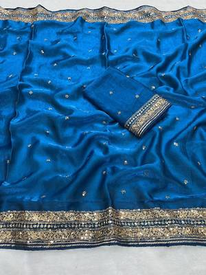 royal blue silk blend saree with sequins cording work
 1