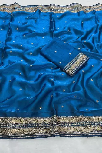 Royal Blue Color Embroidery cording & Sequance work Space Silk Saree