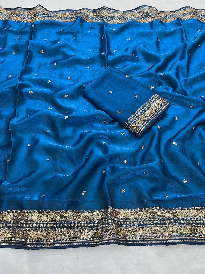 Royal Blue Color Embroidery cording & Sequance work Space Silk Saree