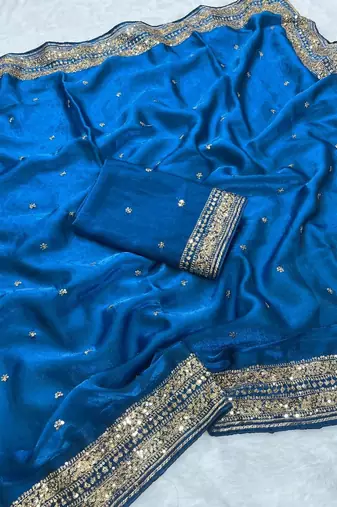 royal blue silk blend saree with sequins cording work