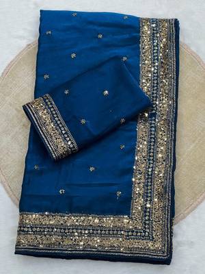 royal blue silk blend saree with sequins cording work
 3