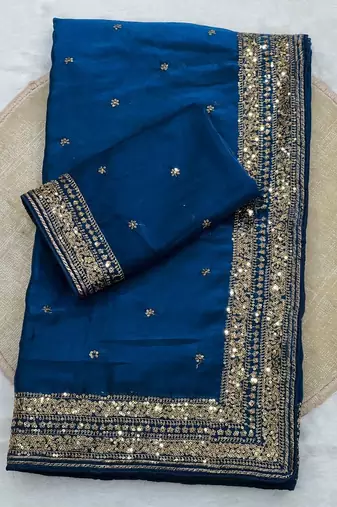 royal blue silk blend saree with sequins cording work