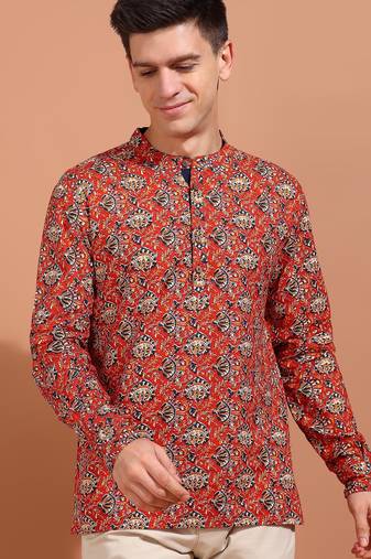 Men's cotton cambric kalamkari printed nehru collar full sleeves short kurta (red)