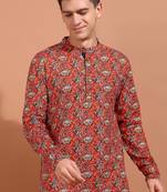 Men's cotton cambric kalamkari printed nehru collar full sleeves short kurta (red)
