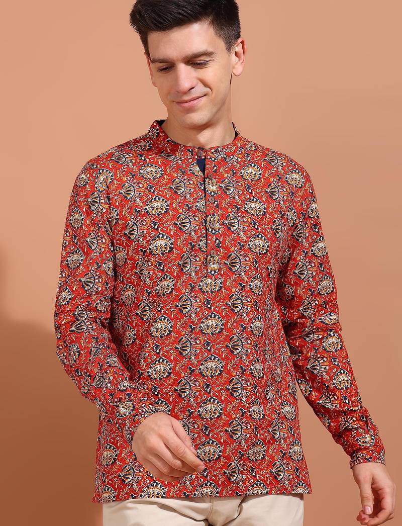 Men's cotton cambric kalamkari printed nehru collar full sleeves short kurta (red)