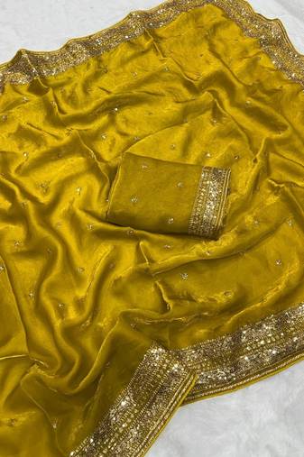 Mustard Color Embroidery cording & Sequance work Space Silk Saree