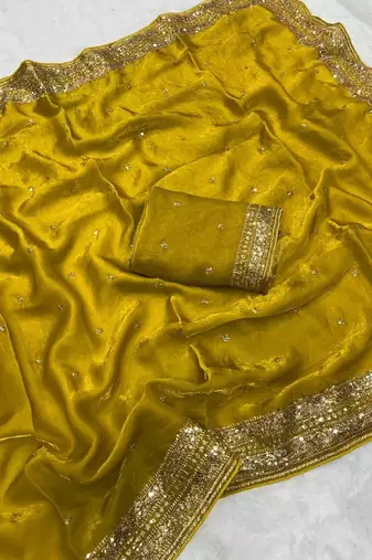 Mustard Color Embroidery cording & Sequance work Space Silk Saree