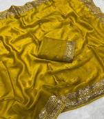 Mustard Color Embroidery cording & Sequance work Space Silk Saree