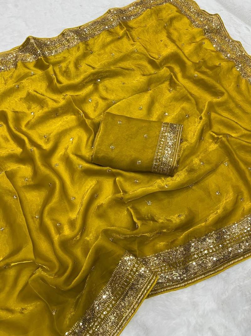 Mustard Color Embroidery cording & Sequance work Space Silk Saree