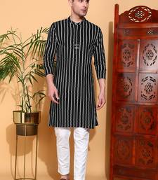 Men's  cotton  zigzag print   nehru collar with solid fashion patti full sleeve  kurta  (black)