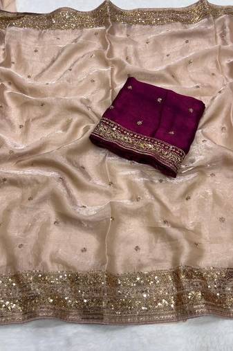 Beige Color Embroidery cording & Sequance work Space Silk Saree