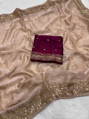 beige silk blend saree with sequins embroidery work
 2