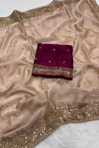 beige silk blend saree with sequins embroidery work