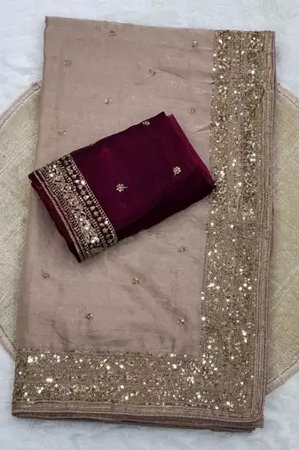 beige silk blend saree with sequins embroidery work